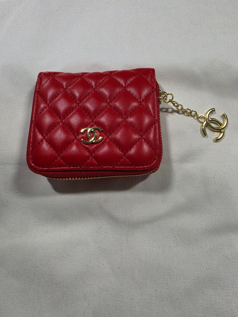 Red Quilted Leather Mini Wallet With Charm Chain